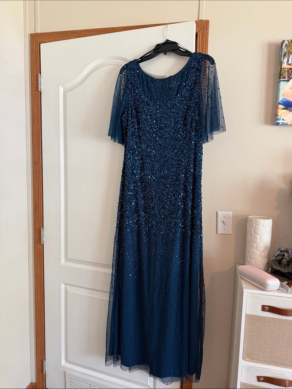 Adrianna Papell Navy Blue Sequin Formal Gown